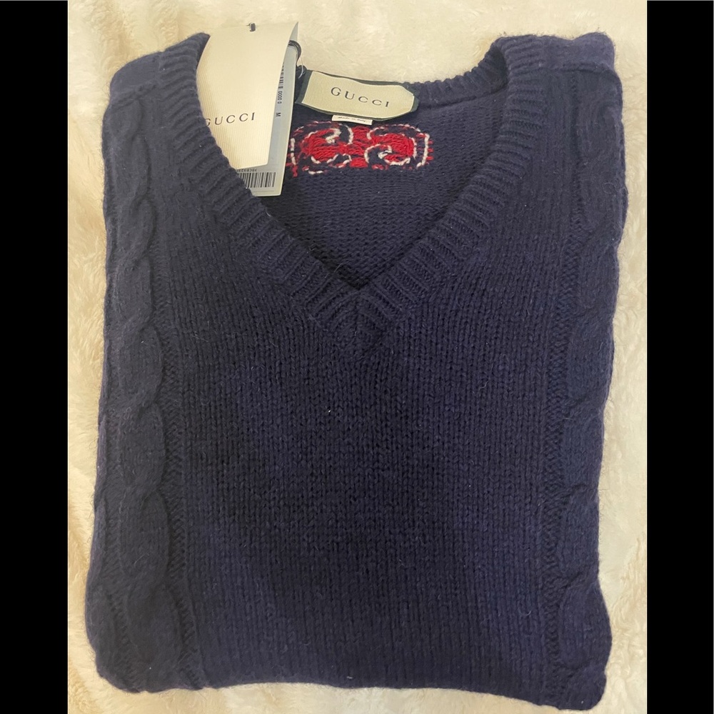 Gucci Cable Knit Wool Cashmere V-neck Sweater Sz M